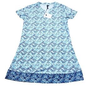 Aqua Et Sol Swim Cover-up Tunic Dress UPF 50 Short Sleeve Blue White Size Small